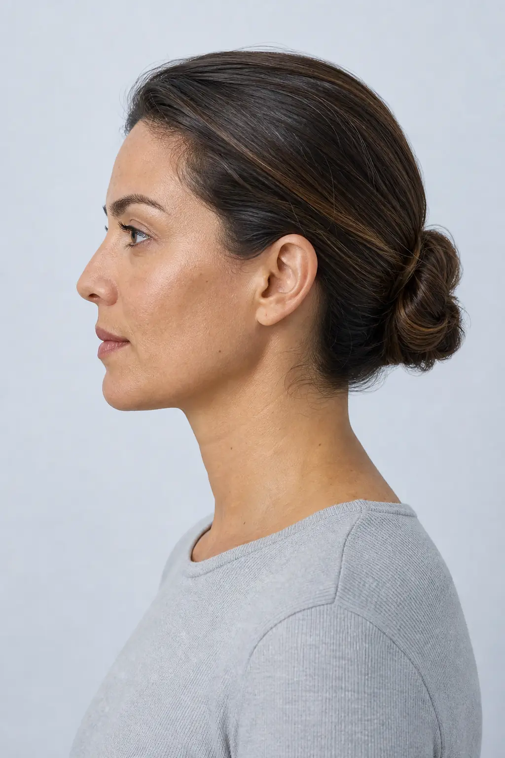 Mulher de perfil, em fundo cinza-azulado